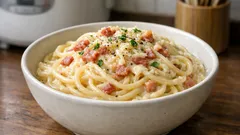 残ったホワイトシチューで作る、カルボナーラ風クリーミーパスタ（卵は火を止めてから）