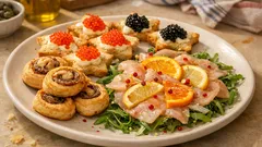 クリスマスに映える魚介の3種盛りアンティパスト—アンチョビパイ&星形タルティーヌ&柑橘カルパッチョ