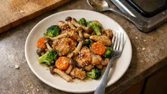 フライパンひとつで蒸すだけ:しめじと鶏もも肉のごま風味温サラダ