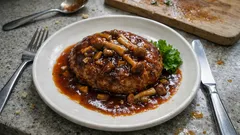 フライパンひとつでふっくら：きのこソースの煮込みハンバーグ（ケチャップ＆中濃ソース）